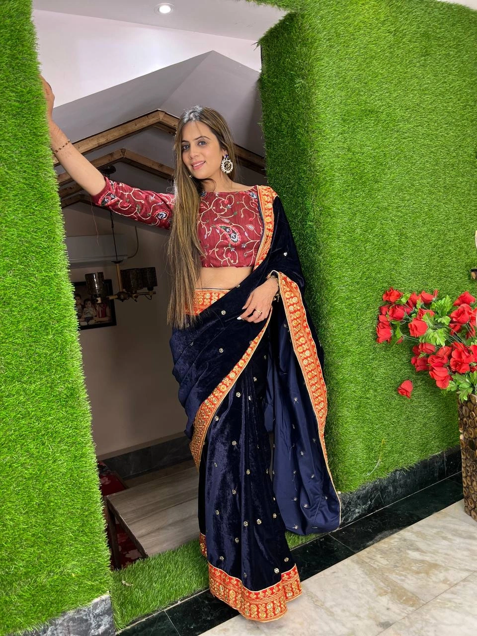 Luxurious Velvet Saree with Embroidered Lace Border &amp; Sequin Work-RST-389-NavyBlue