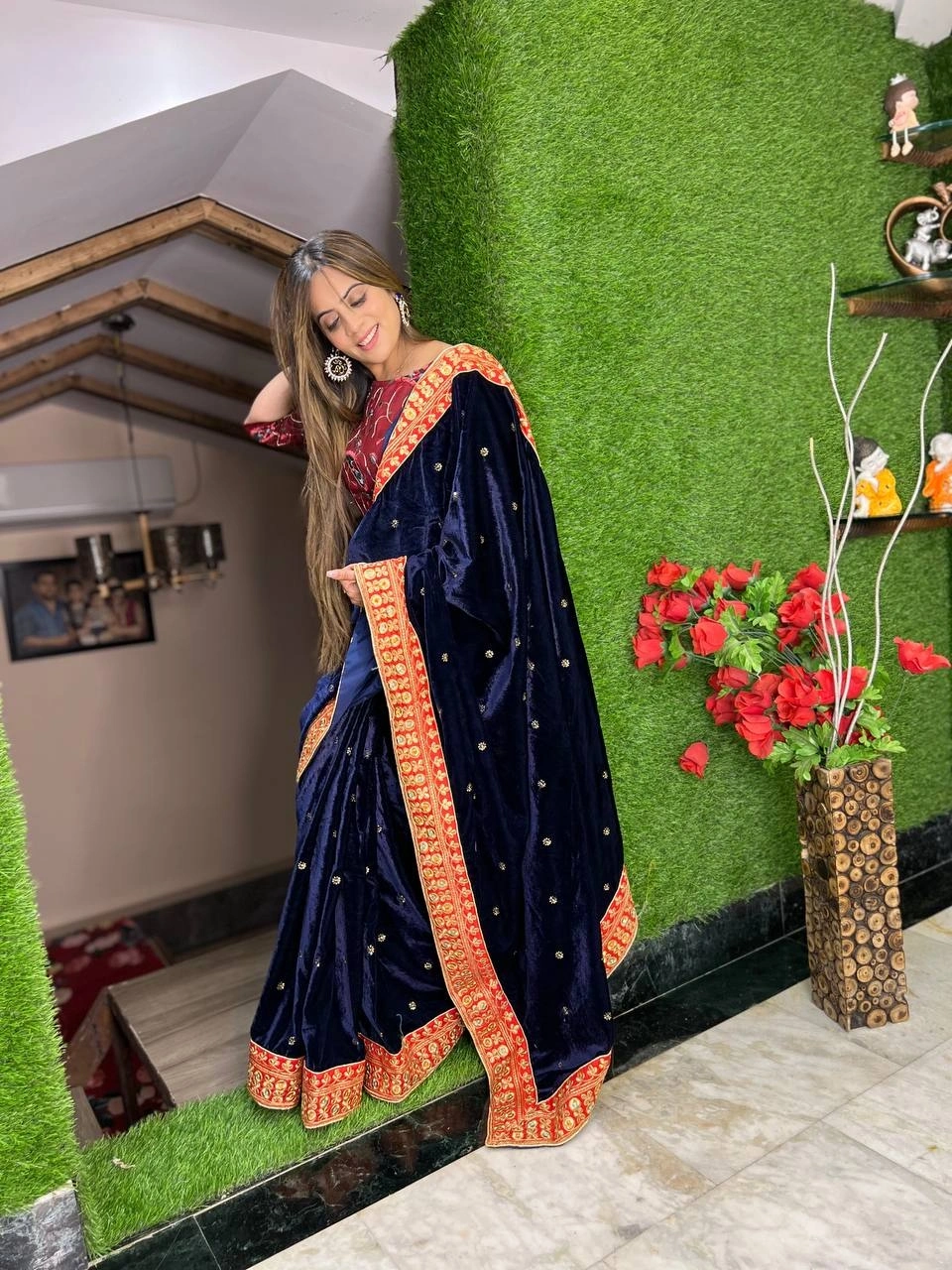 Luxurious Velvet Saree with Embroidered Lace Border &amp; Sequin Work-Navy Blue-1