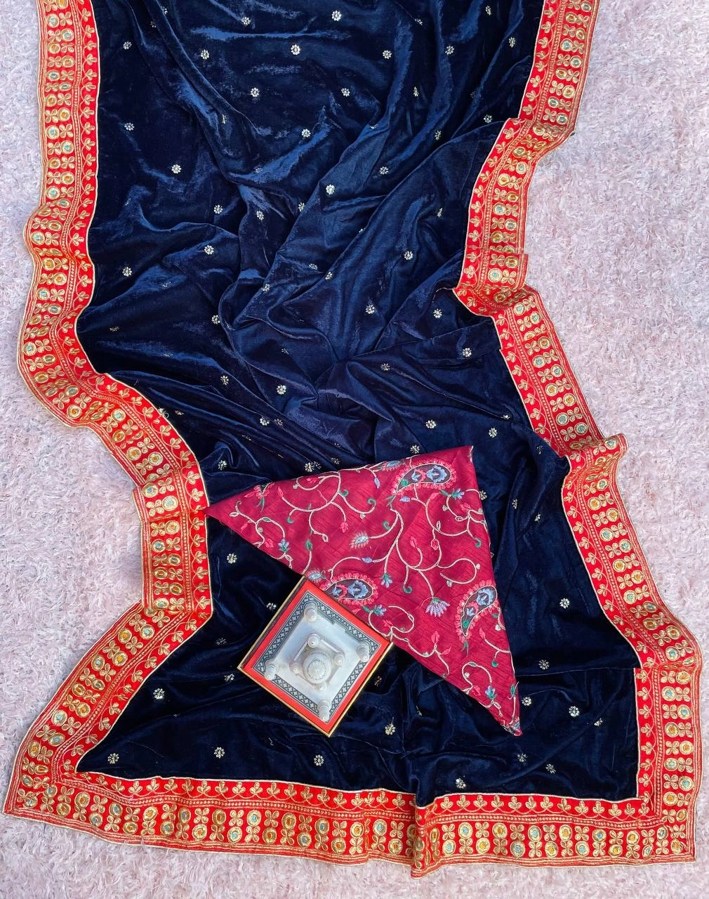 Luxurious Velvet Saree with Embroidered Lace Border &amp; Sequin Work-Navy Blue-3