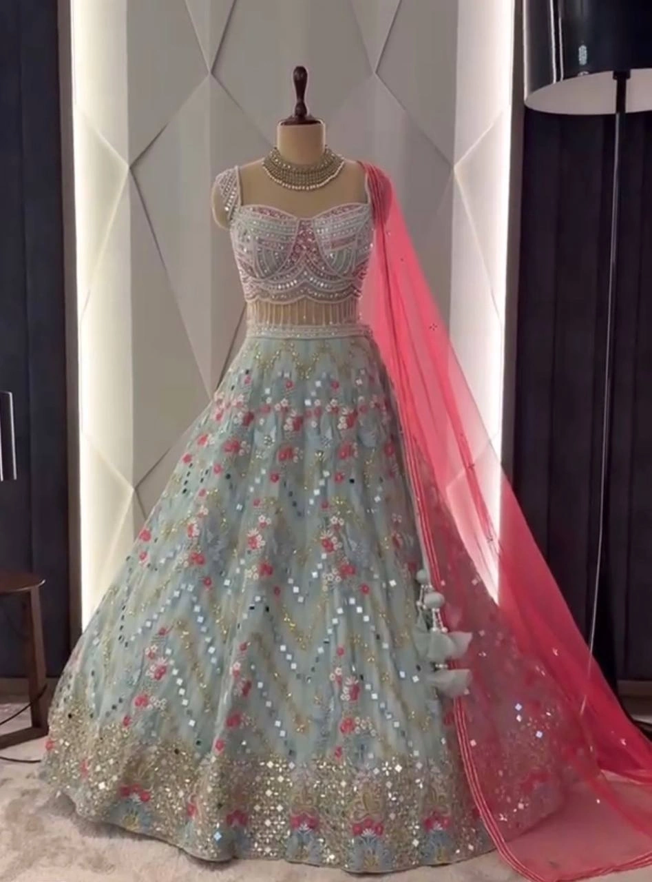 Faux Georgette Lehenga with Mirror Embroidery - Upto Size 44-RBD-1636-Grey