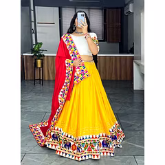 Yellow Rayon Lehenga with Heavy Gamthi Work, Gota Patti Border - Fully Stitched