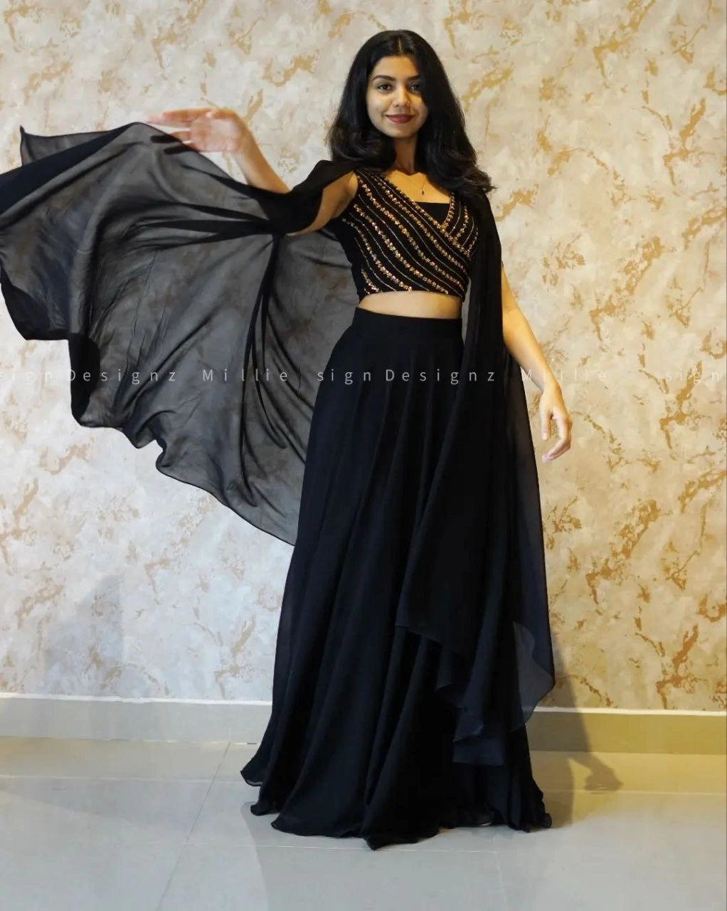 Elegant Premium Georgette Lehenga Set with Sequin Embellished Blouse and Koti-Black-1