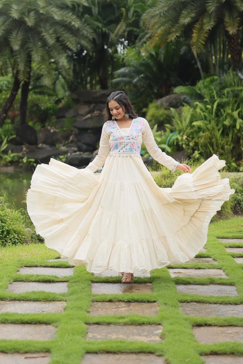 Kora-Cotton Gown with Kutchi Gamthi Lace - Stylish and Comfortable-RLW-9196-White-L