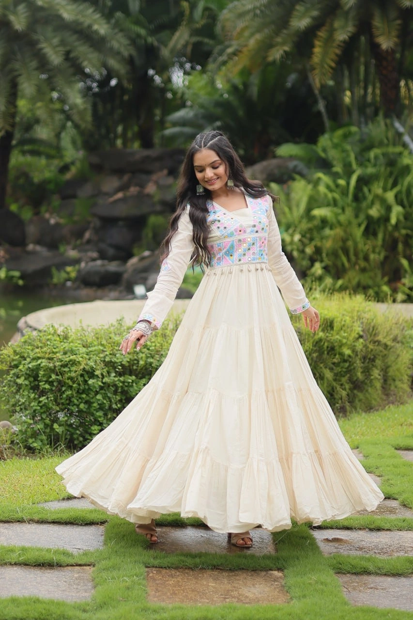 Kora-Cotton Gown with Kutchi Gamthi Lace - Stylish and Comfortable-White-L-3