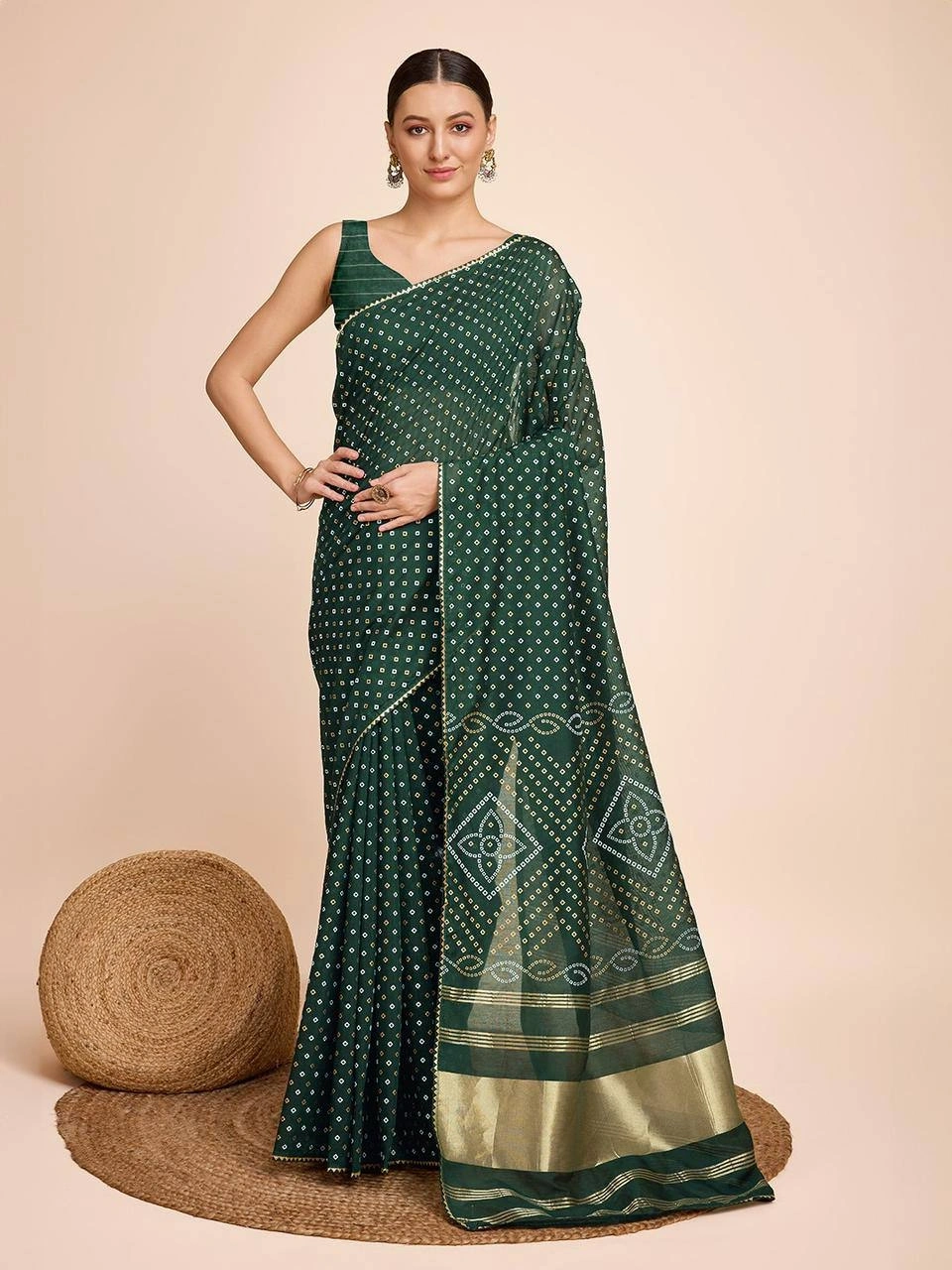 Exclusive Kanchi Border Silk Saree with Zari Weaving-RVR-BANDHANI-Green