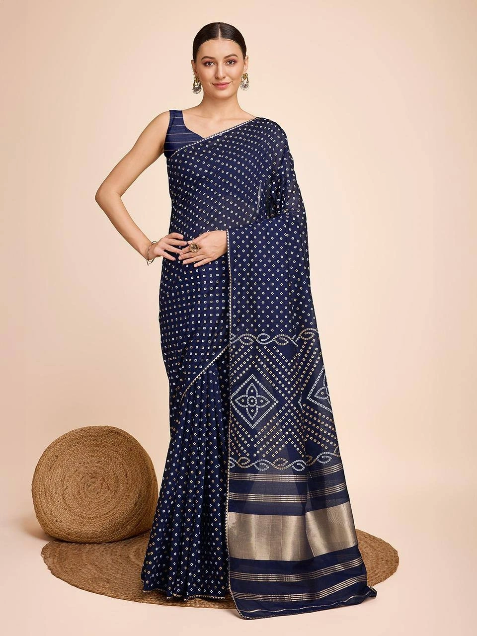 Exclusive Kanchi Border Silk Saree with Zari Weaving-RVR-BANDHANI-NavyBlue