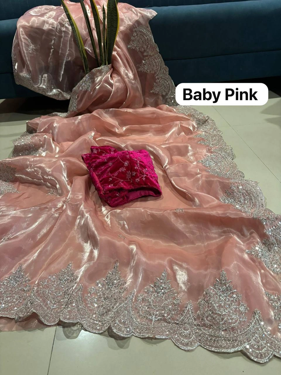 Premium Designer Saree with Zari Sequin Embroidery-Baby Pink-1