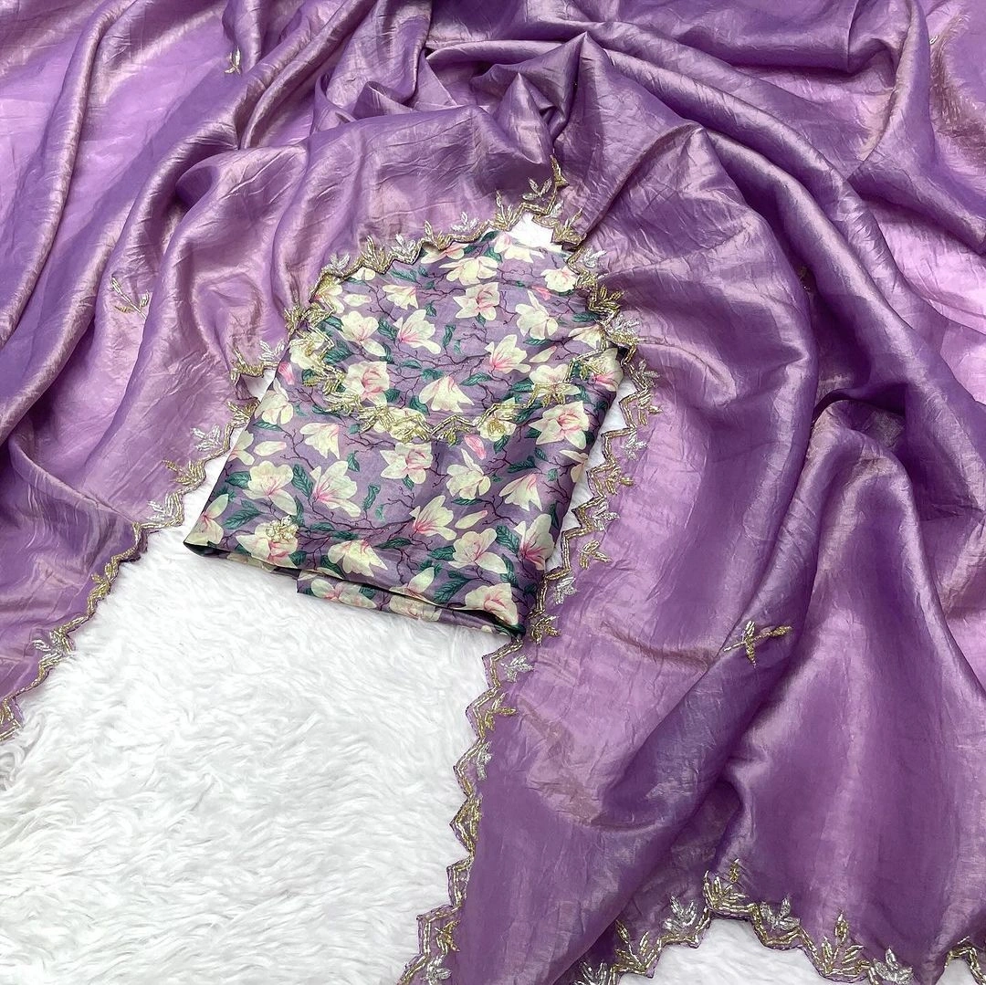 Handcrafted Gold Crush Silk Saree with Digital Printed Blouse-Lavender-1