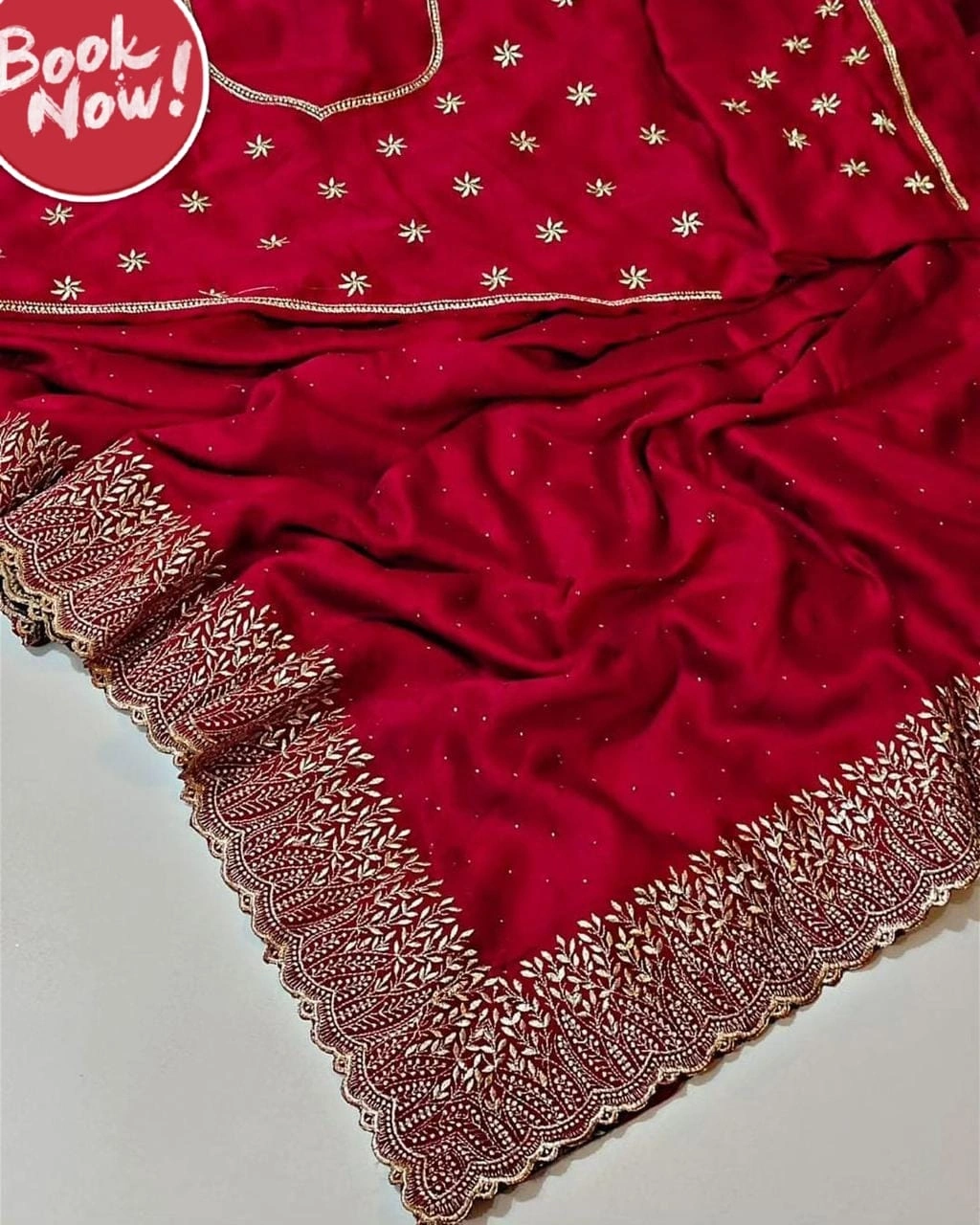 Bluming Vichitra Silk Saree: Exquisite Zari Work and Stone Embellishments-Red-1