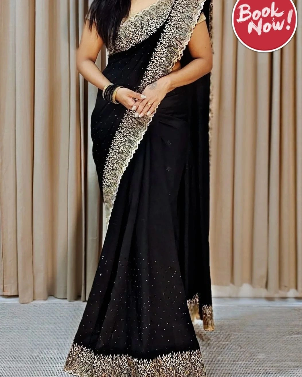 Bluming Vichitra Silk Saree: Exquisite Zari Work and Stone Embellishments-KSF-Naina-Black