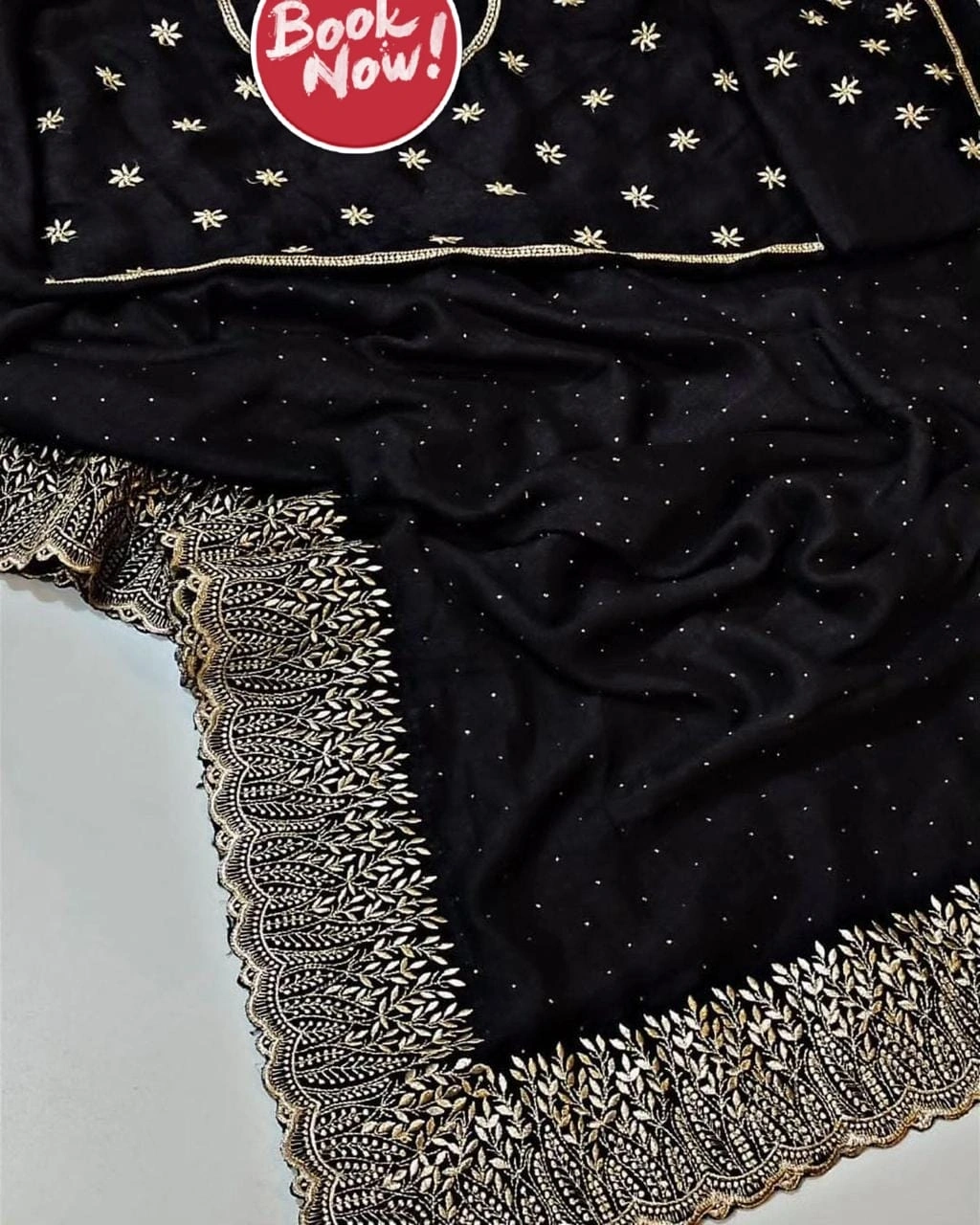 Bluming Vichitra Silk Saree: Exquisite Zari Work and Stone Embellishments-Black-1