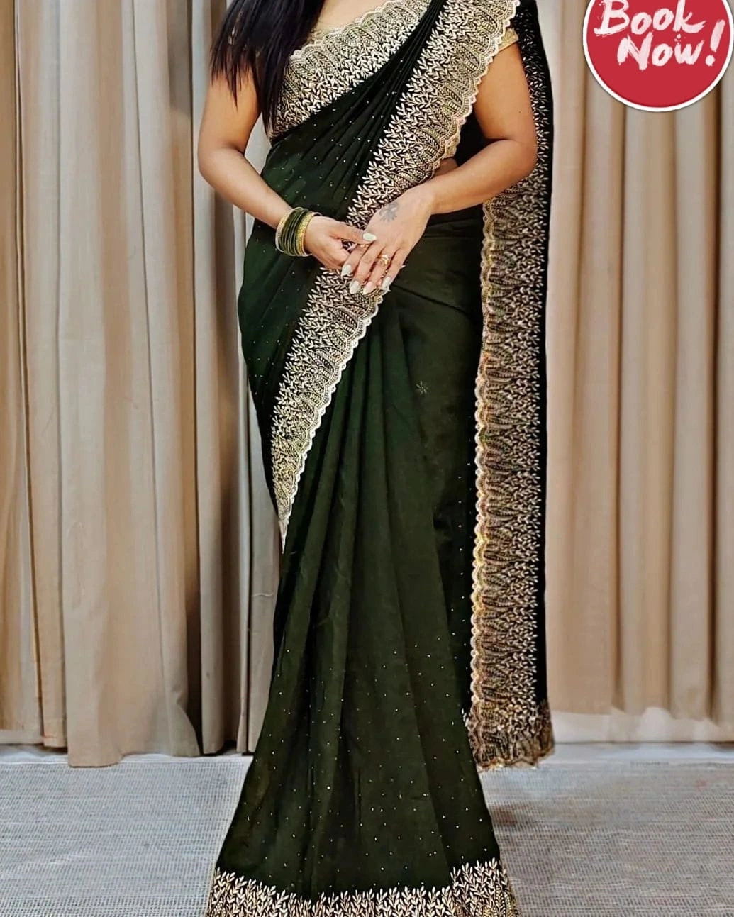 Bluming Vichitra Silk Saree: Exquisite Zari Work and Stone Embellishments-KSF-Naina-Green