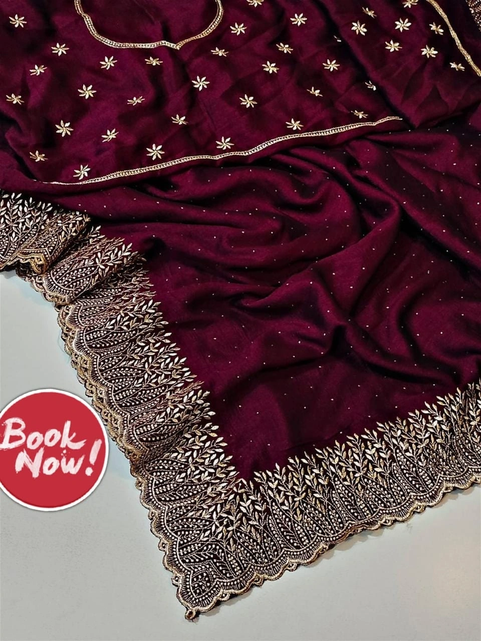 Bluming Vichitra Silk Saree: Exquisite Zari Work and Stone Embellishments-Maroon-1