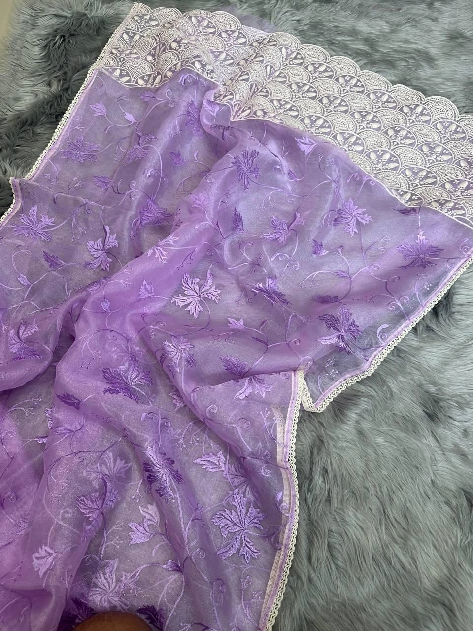 Refined Silk Saree with Lucknowi Chikankari Embroidery-Lavender-1