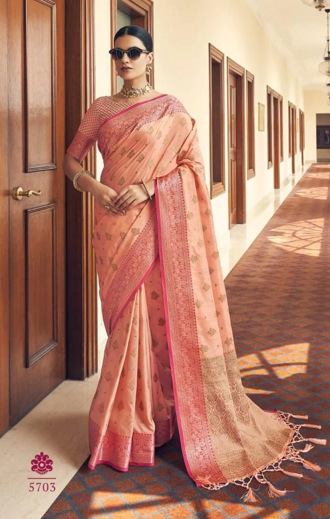 Zari Weave Silk Saree with Rich Pallu &amp; Tassels-RMNX-Ananta-Peach