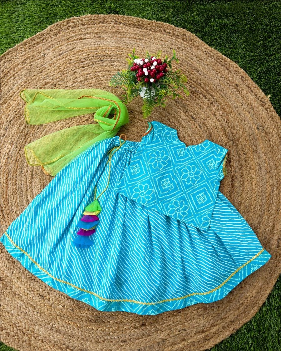 Rajasthani Style Lehenga Choli - Vibrant, Fully Stitched, Perfect for Kids!-Sky Blue-1year-2