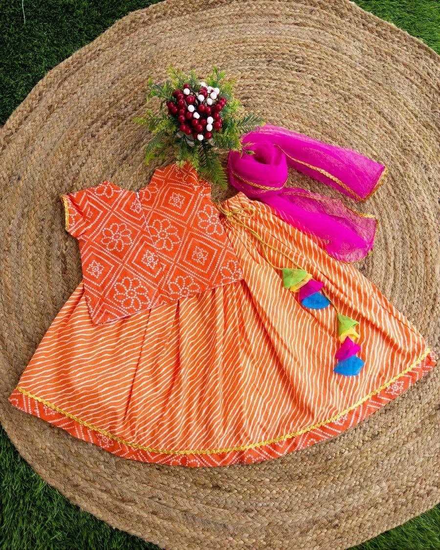 Rajasthani Style Lehenga Choli - Vibrant, Fully Stitched, Perfect for Kids!-BAB-36-Orange-1y