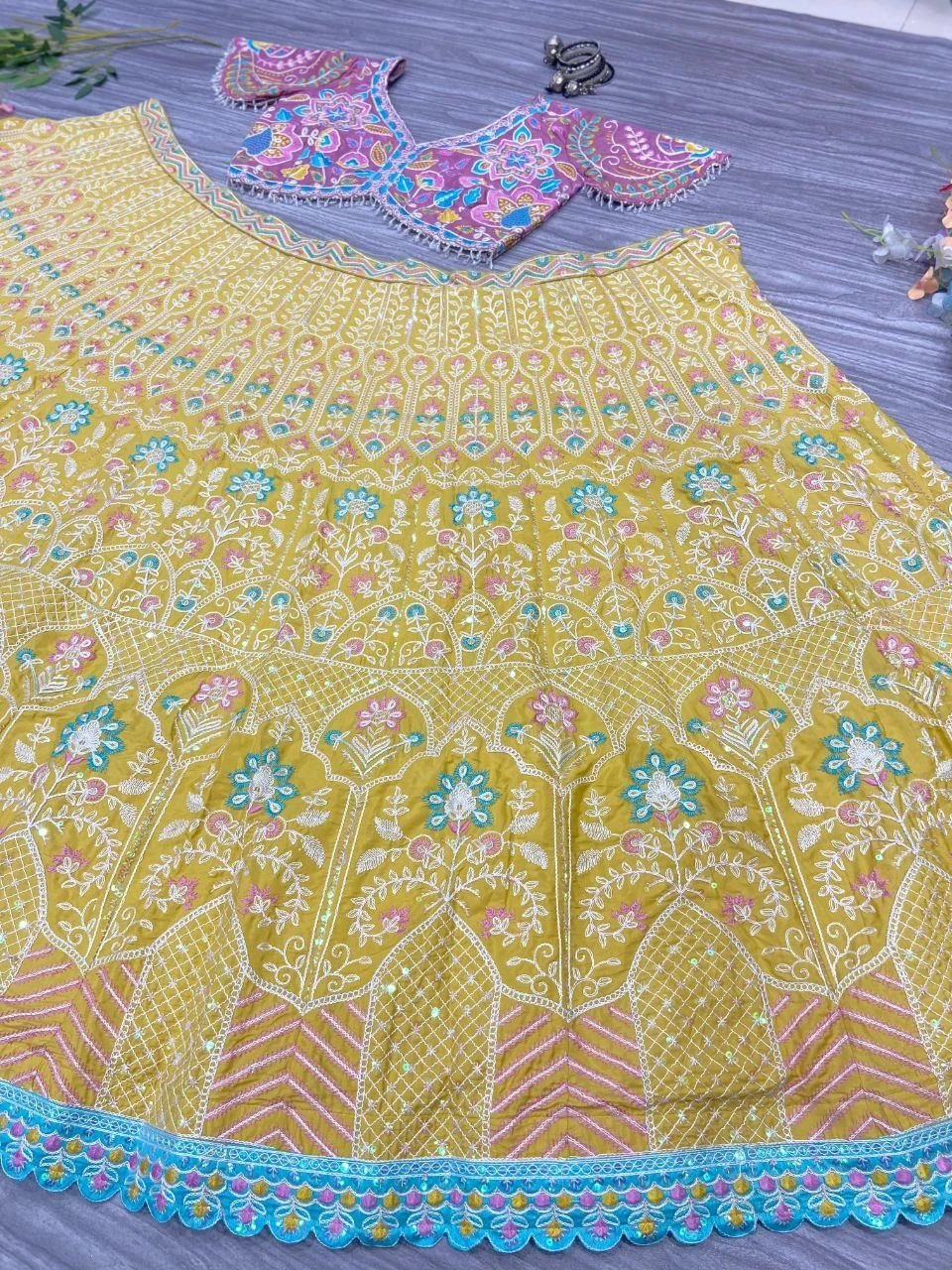 Premium Silk Lehenga Set with Heavy Embroidery - XXL-Yellow-4