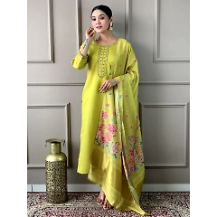 Sequenced Roman Silk Kurta Set with Heavy Satin Dupatta