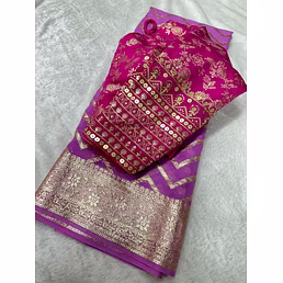 Zigzag Border Viscose Saree with Ready-made Blouse - Size 38-42"