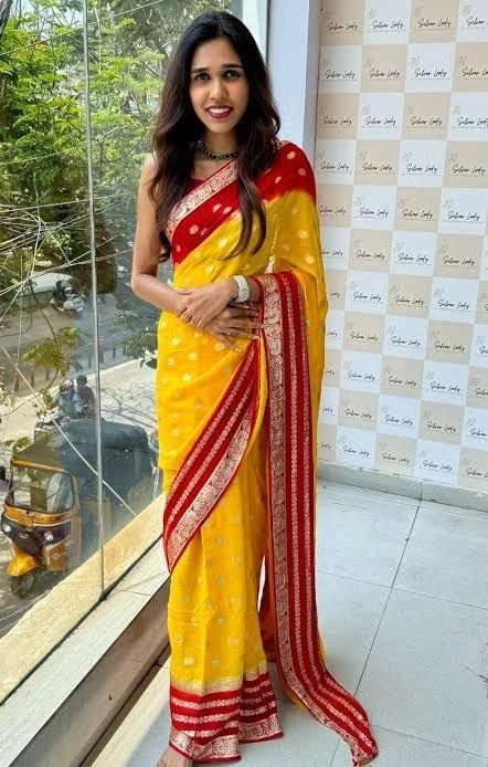 Pure Viscose Georgette Weaving Jacquard Saree: Stunning Shaded Concept Color-APE-50-Yellow