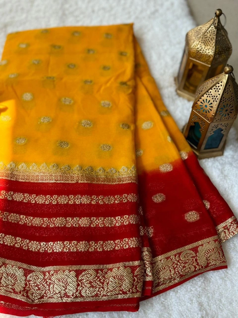 Pure Viscose Georgette Weaving Jacquard Saree: Stunning Shaded Concept Color-Yellow-3