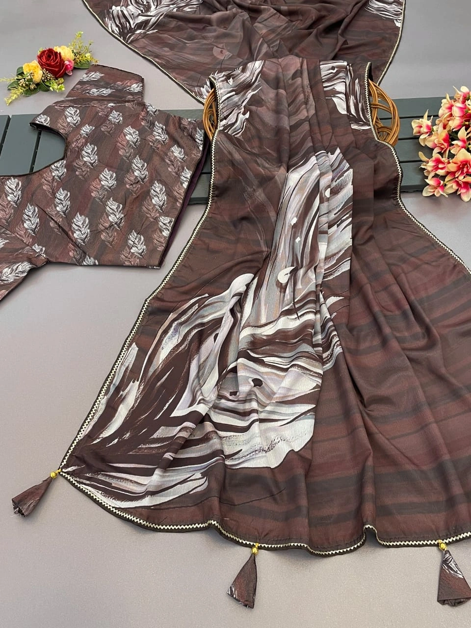 Designer Saree: Rich Digital Print, Crochet Border, Stunning Blouse-Brown-2