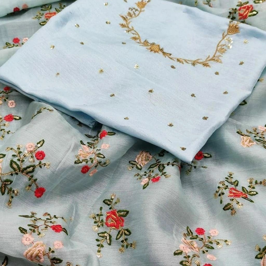 Heavy Khadi Organza Silk Saree with Intricate Embroidery - 1kg-Sky Blue-3