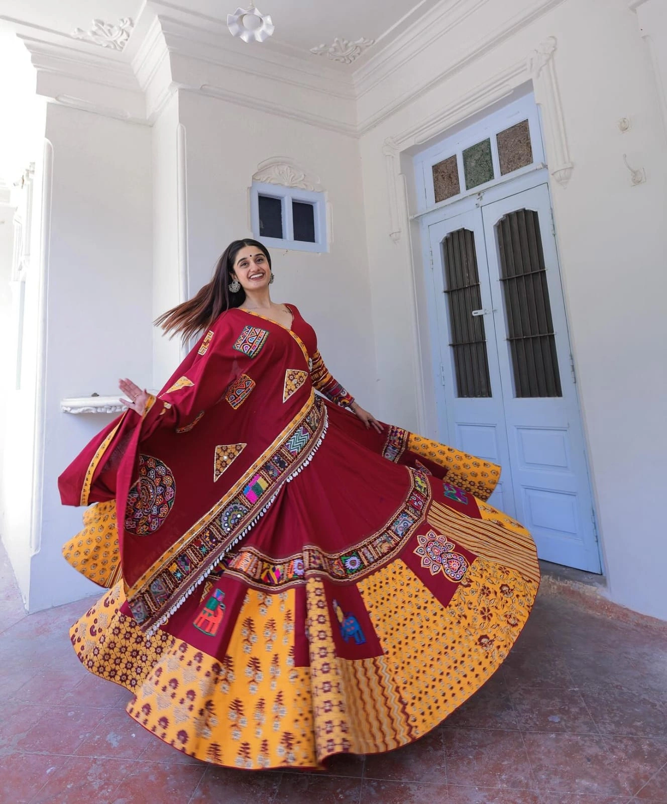 Muslin Cotton Lehenga Set with Silk Inner and Mirror Work-Red-1