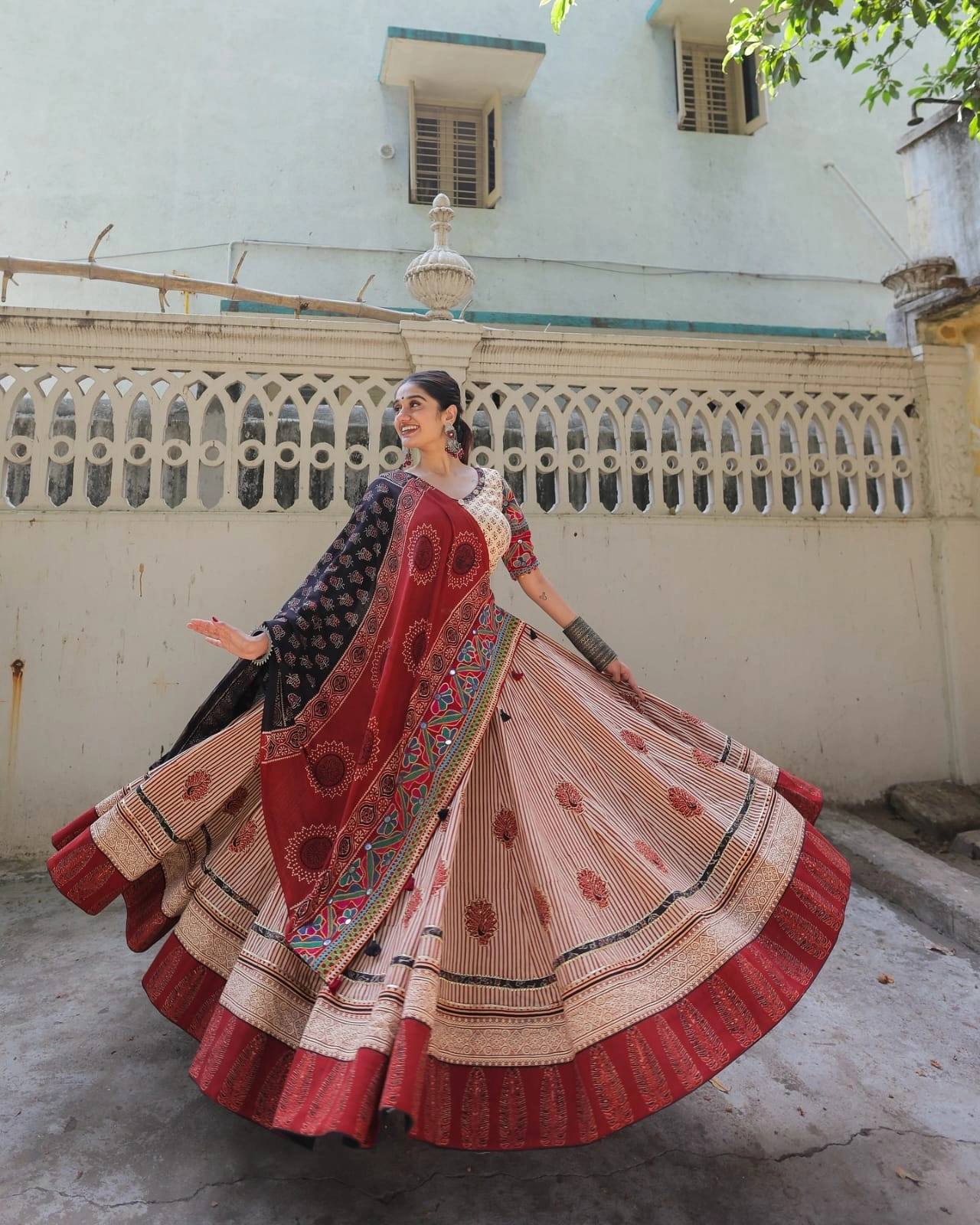 Muslin Cotton Lehenga Set with Mirror Work-Pink-3