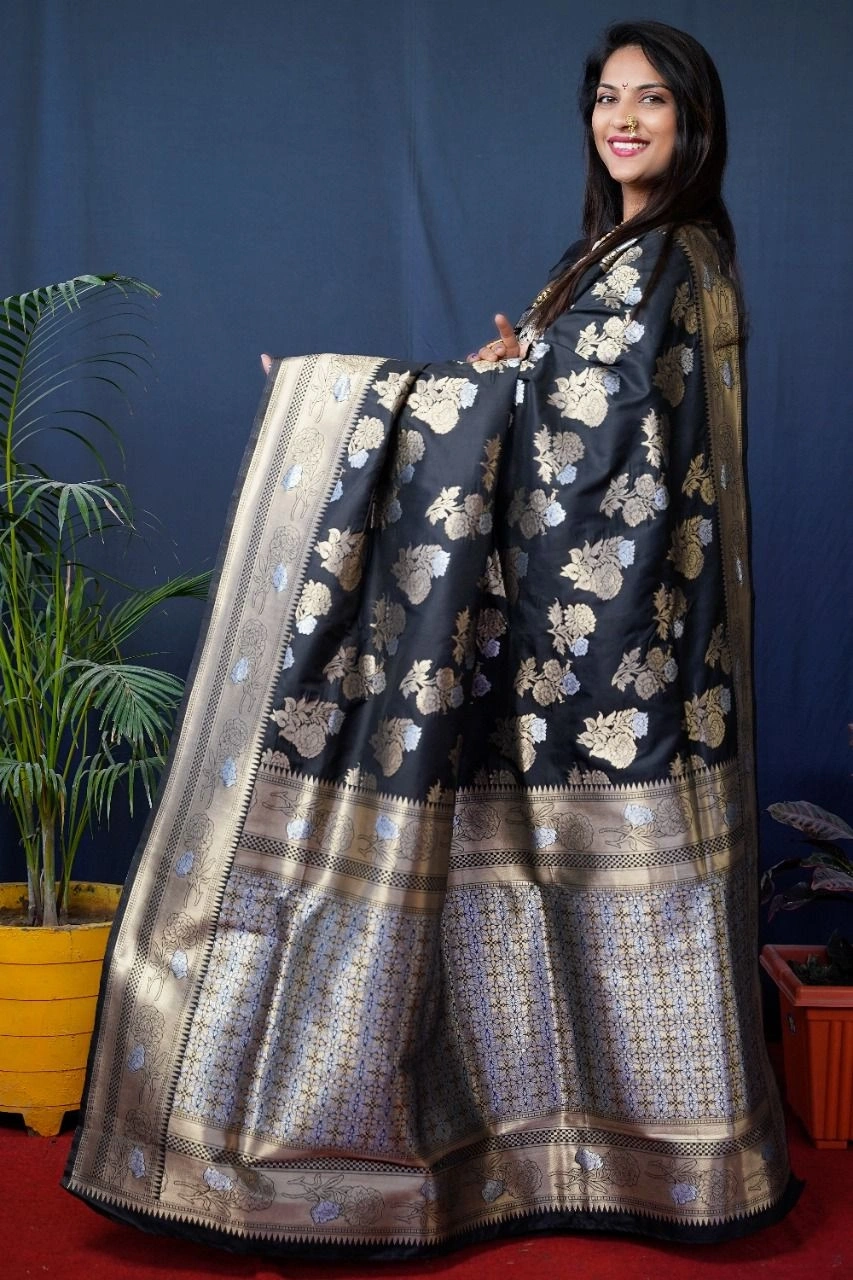 Pure Silk Kanchipuram Saree with Gold Jari Embellishments-PCF-gulabo-Black