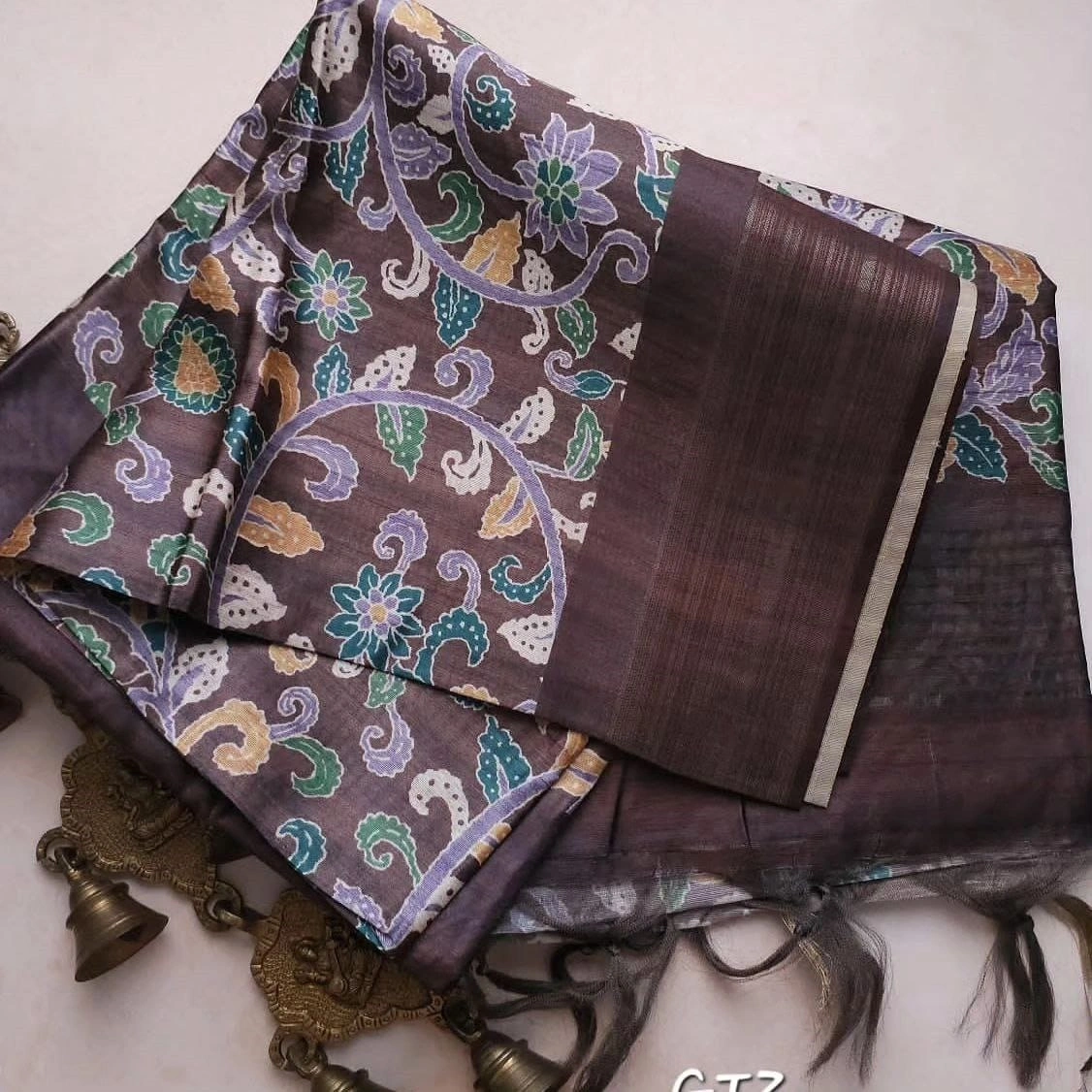 Exclusive Pure Zari Border Tussar Silk Saree with Print-RRW-16-Brown