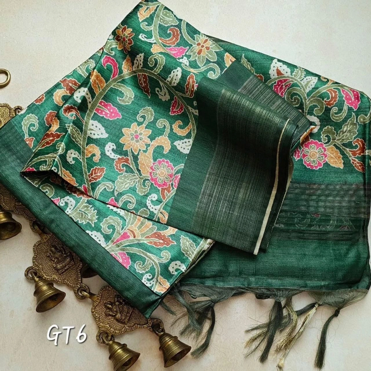 Exclusive Pure Zari Border Tussar Silk Saree with Print-Green-1