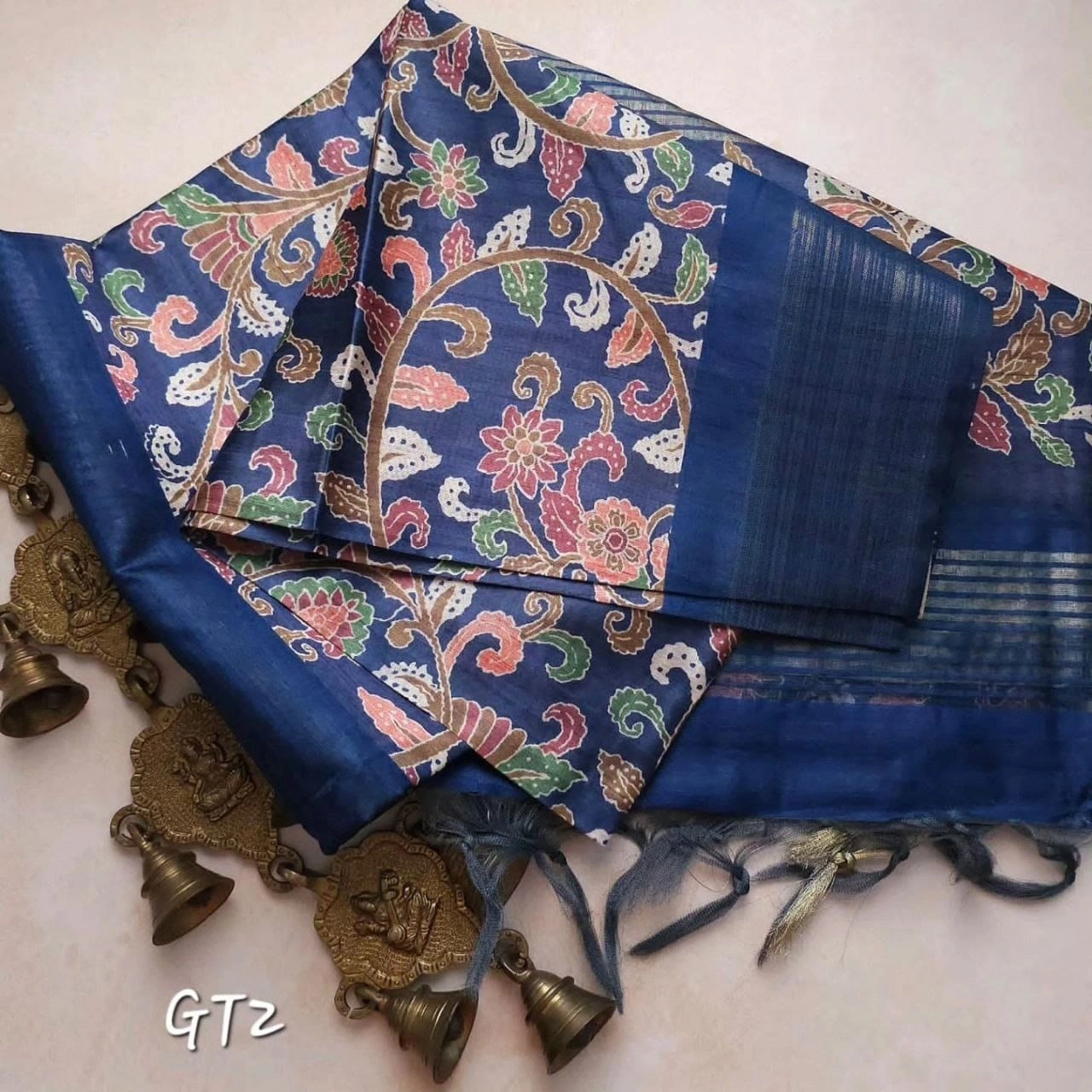 Exclusive Pure Zari Border Tussar Silk Saree with Print-Blue-1