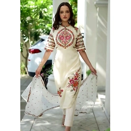 Elegant Offwhite Embroidered Party Wear Kurti Pant Dupatta Set - High-Grade Fabrics, Regular Fit
