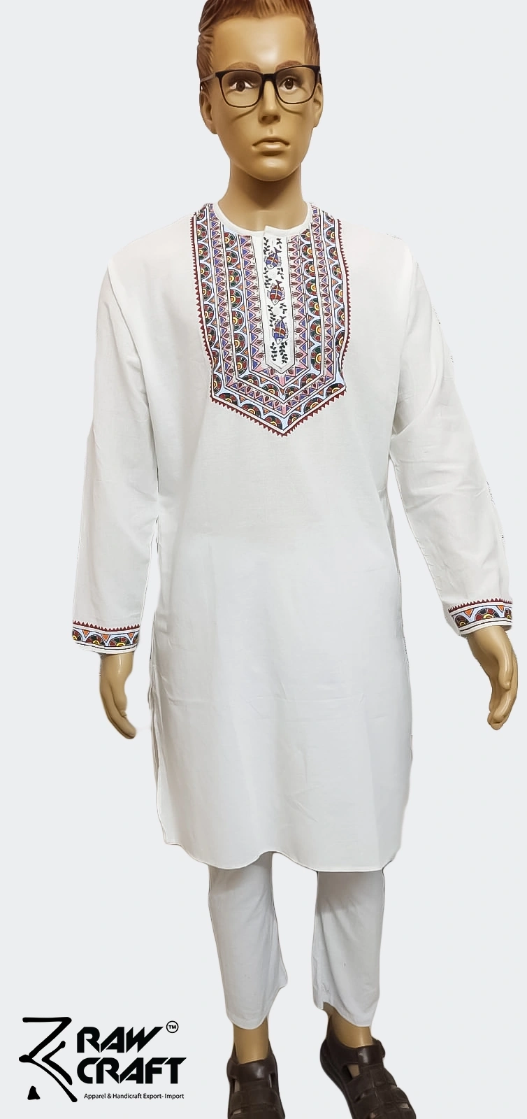 White Hand- Painted Kurta Straight Button Kurta Design- Abstract Fish Motif-Raw1035