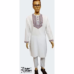 White Hand- Painted Kurta Straight Button Kurta Design- Abstract Fish Motif