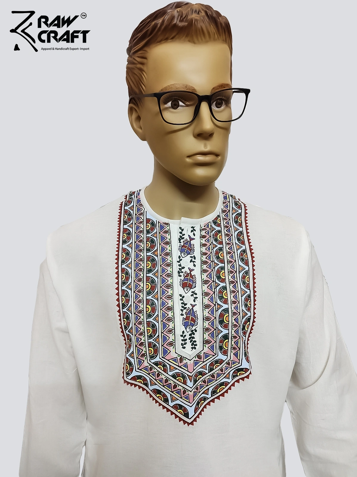 White Hand- Painted Kurta Straight Button Kurta Design- Abstract Fish Motif-L-1