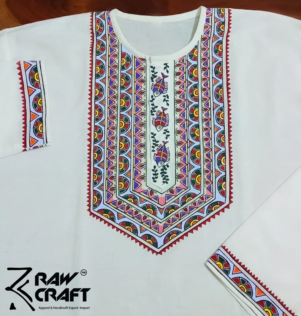 White Hand- Painted Kurta Straight Button Kurta Design- Abstract Fish Motif-L-2