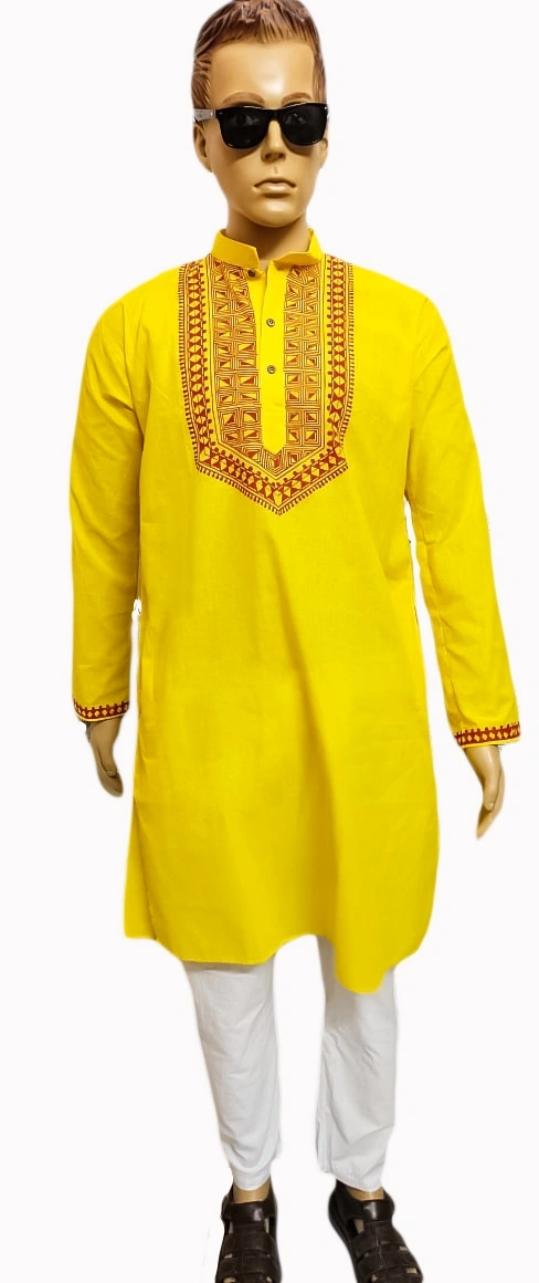 Yellow Hand- Painted Kurta Straight Button Kurta Design- Abstract-XXL-1