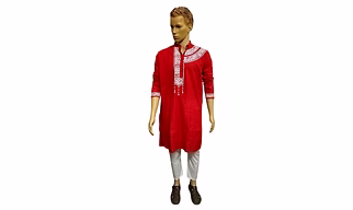 Red Hand- Painted Kurta Straight Button Kurta Design- Delicate Jamdani