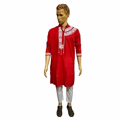 Red Hand- Painted Kurta Straight Button Kurta Design- Delicate Jamdani