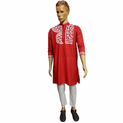 Red Hand- Painted Kurta Straight Button Kurta Design- Fish Motif