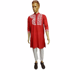 Red Hand- Painted Kurta Straight Button Kurta Design- Fish Motif