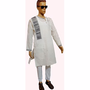 White Hand- Painted Kurta Side Button Kurta Design- Jamindar Abstract