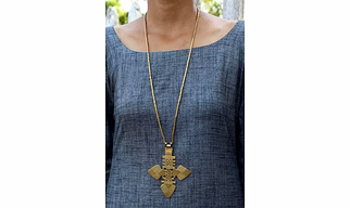 Bohemian Tribal Long Brass Necklace with Cross Pendant