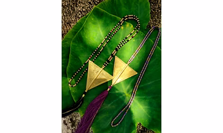 Women's Boho Triangle Tassel Brass Pendant Necklace Handmade with Crystal Beads
