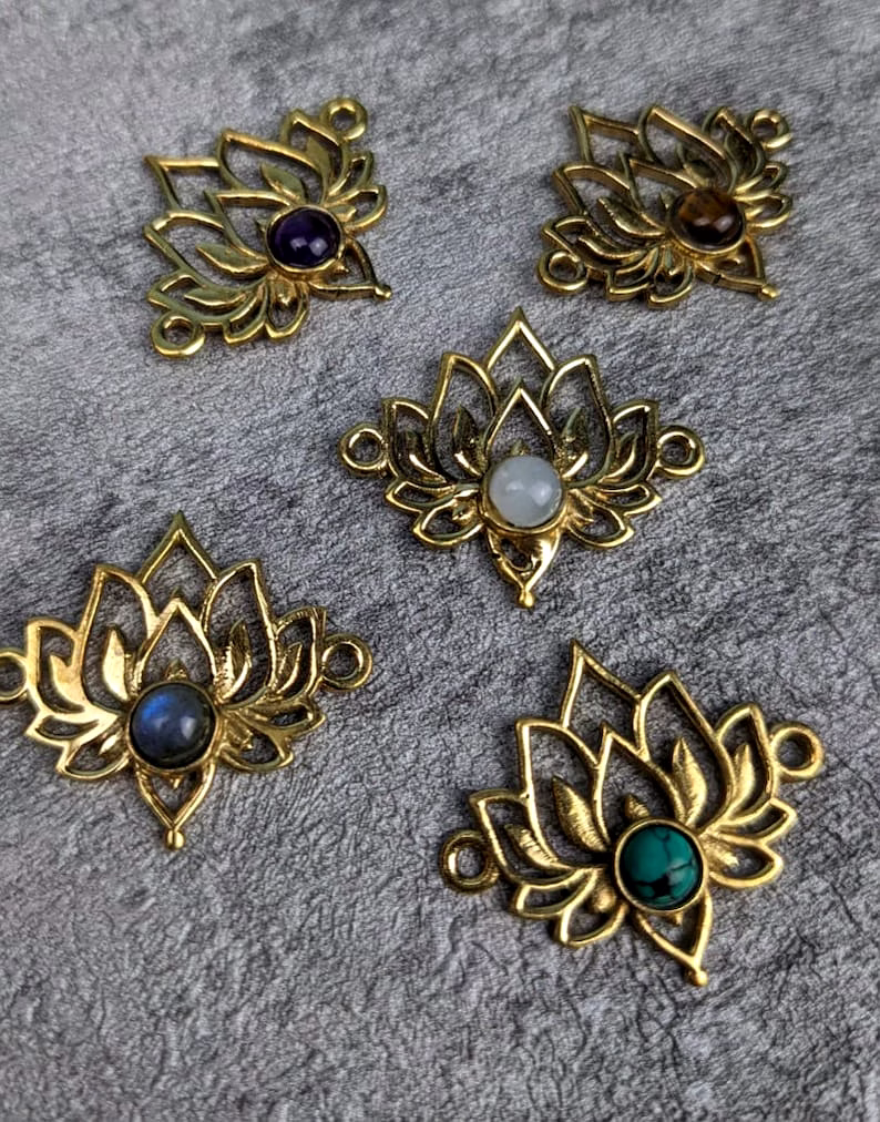 golden lotus connector charm with stone
