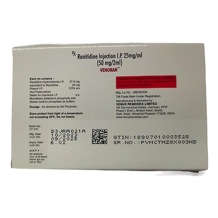 Venoran Rantidine Injection I.P 25mg/ml (50 mg/2ml)-1