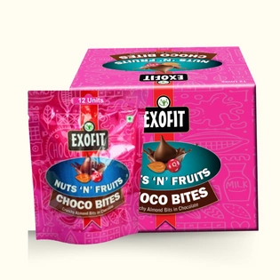 EXOFIT Nuts 'N' Fruits Choco Bites (Pack of 12) 420g Crunchy Almond Bits in Chocolate
